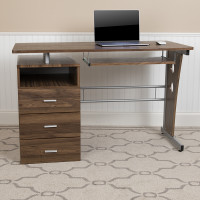 Flash Furniture NAN-WK-008-RU-GG Rustic Walnut Desk with Three Drawer Pedestal and Pull-Out Keyboard Tray